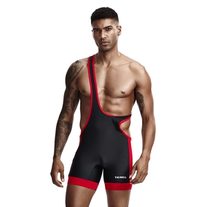 Detailed side view of men's black wrestling singlet with red trim and muscular fit design
