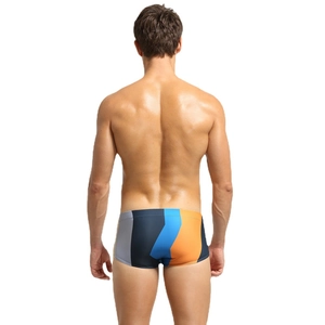 Men's low-waisted square-cut swim trunks with grey, blue and orange color-block design