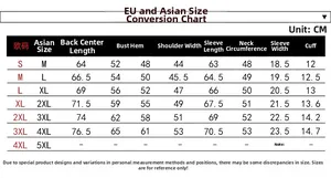Detailed size chart for men's PU leather jacket comparing EU and Asian sizes in centimeters