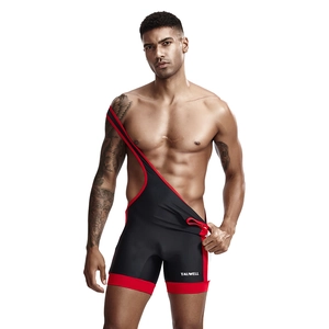 Close-up of black men's wrestling singlet with red contrast trim and brand logo details