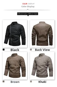 Detail display of men's faux leather jacket with zip pockets and quilted shoulder padding
