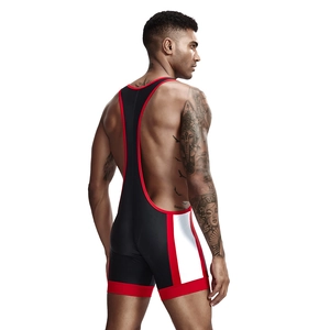 Rear view of men's athletic wrestling singlet with Y-back design and red edge piping