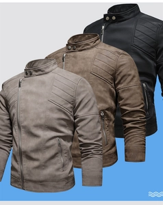 Detail of faux leather jackets showing shoulder quilting and asymmetric zippers