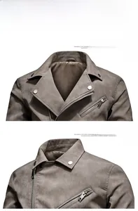 Close-up detail of men's PU leather biker jacket with wide lapels and silver metal snaps