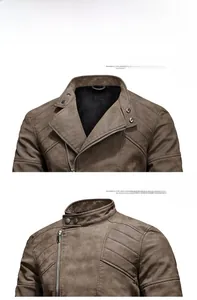 Detail view of the brown leather jacket featuring side zipper and stand collar with snap