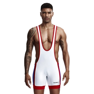 Men's white fitness bodysuit with red and blue side stripes and deep U-neck cut