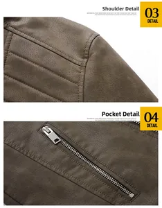 Detail of shoulder stitching and silver metal zipper pocket on brown PU leather jacket