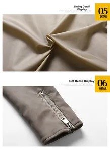 Detailed view of light brown PU leather jacket featuring satin lining and zippered cuffs