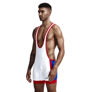 Close-up of men's athletic wrestling singlet with red and blue side splicing panels