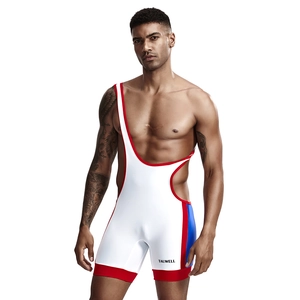 Detail of men's one-shoulder athletic bodysuit featuring blue and red contrast trim