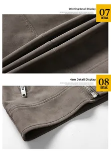 Detailed view of gray-brown PU leather jacket with precision stitching and metal zipper