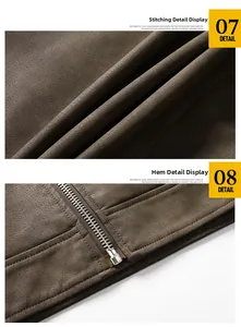Detail view showing professional stitching and metal zipper on brown leather jacket