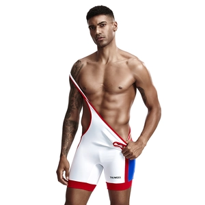 Close-up of white athletic singlet with red thigh bands and blue side stripes