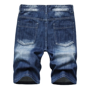 Men's retro washed blue denim shorts with vintage faded finish and straight leg fit