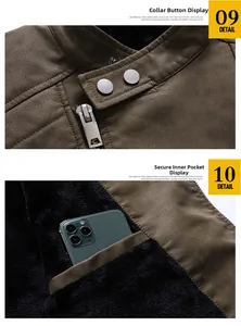 Detailed view of brown PU leather jacket with warm fleece lining and a secure inner pocket