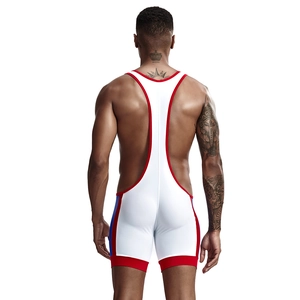 Rear view of men's athletic wrestling singlet showing deep U-back design and muscle definition