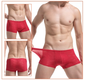 Vues détaillées du boxer rouge pour homme avec motifs lèvres et tissu en maille translucide
