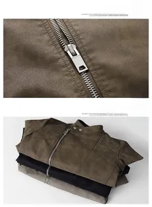 Detail of metal zipper closure and stand collar on men's vintage PU leather jackets