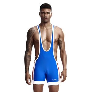 Detail of blue men's athletic wrestling singlet with red and white side stripes