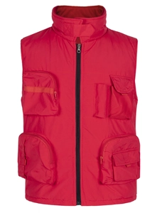 Close-up of red multi-pocket utility vest with stand collar and zipper closure details