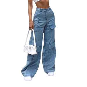 Women High Waist Cargo Jeans Loose Wide Leg Denim Pants With Multi Pockets Washed Casual Streetwear Cotton Trousers For Ladies