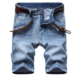 Men's casual light blue wash denim shorts with vintage whiskers and brown leather belt
