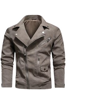 Men's grey PU leather biker jacket featuring a diagonal zipper and wide lapel collar