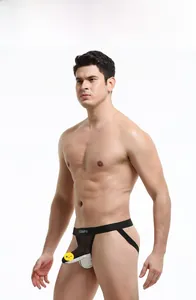 Detailed close-up of men's jockstrap with breathable black mesh and white protective pad