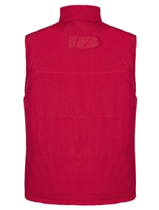 Men's red outdoor padded vest with horizontal quilting and stand collar rear view