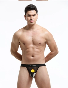 Detail of men's sexy mesh jockstrap with cartoon chick print and elastic waistband