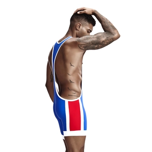 Detailed back view of men's wrestling singlet with blue, red, and white color block design