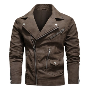 Men's dark brown PU leather biker jacket with wide lapels and asymmetric zipper