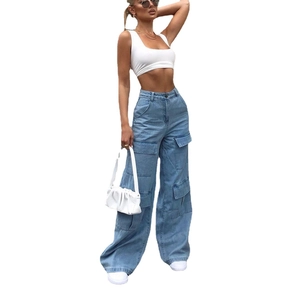 Women's high waist cargo jeans with wide leg cut and multiple pockets in light blue wash