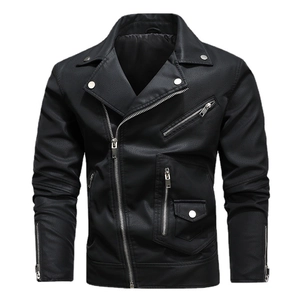 Men's black faux leather motorcycle jacket with asymmetrical zip and lapel collar