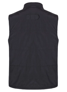 Rear view of men's black quilted outdoor vest with windproof fabric and neck detail
