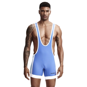 Men's blue slim fit athletic wrestling singlet with white side stripes for gym fitness