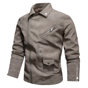 Men's brown PU leather biker jacket with asymmetrical zipper and lapel collar design