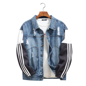 Men's loose knit patchwork denim jacket with classic blue wash and striped sleeves