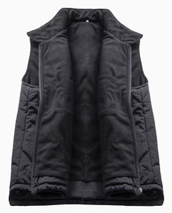 Men's outdoor fleece vest in black with quilted shell and windproof stand collar