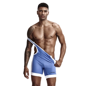 Detail of blue and white men's wrestling singlet showing flexible fabric and side stripes