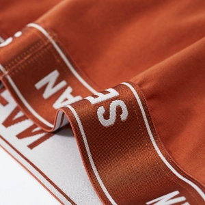 Macro detail of elastic waistband on terracotta knitted boxers with white trim