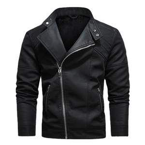 Men's thermal PU leather biker jacket with asymmetric zipper and quilted shoulder details