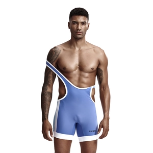 Detail of light blue men wrestling singlet with white piping and single shoulder strap