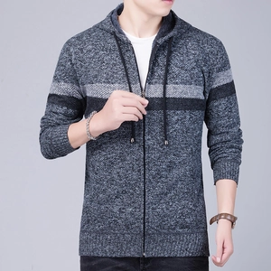 Detail of men's thermal knit cardigan showing zip-front, drawstring hood and stripe pattern