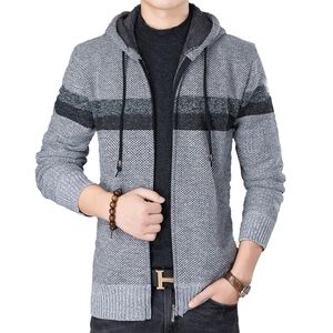 Men Hooded Knit Cardigan Fleece Lined Warm Sweater Jacket Full Zip Horizontal Stripes Color Block Casual Daily Winter Outwear