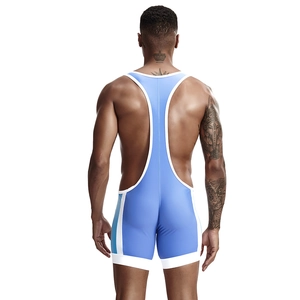 Rear view of men's blue wrestling singlet with white piping and racerback design