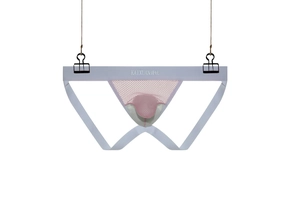 Front detail of men's jockstrap featuring pink mesh pouch and white elastic waistband