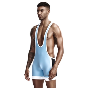 Men's sky blue athletic wrestling singlet with black side panels and white piping