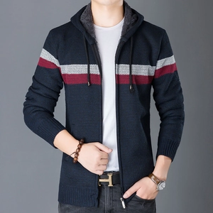 Detail of navy knit cardigan with thick fleece lining and contrast striped sleeves