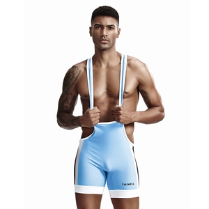 Detail of light blue men's wrestling singlet with black stripes and elastic fabric